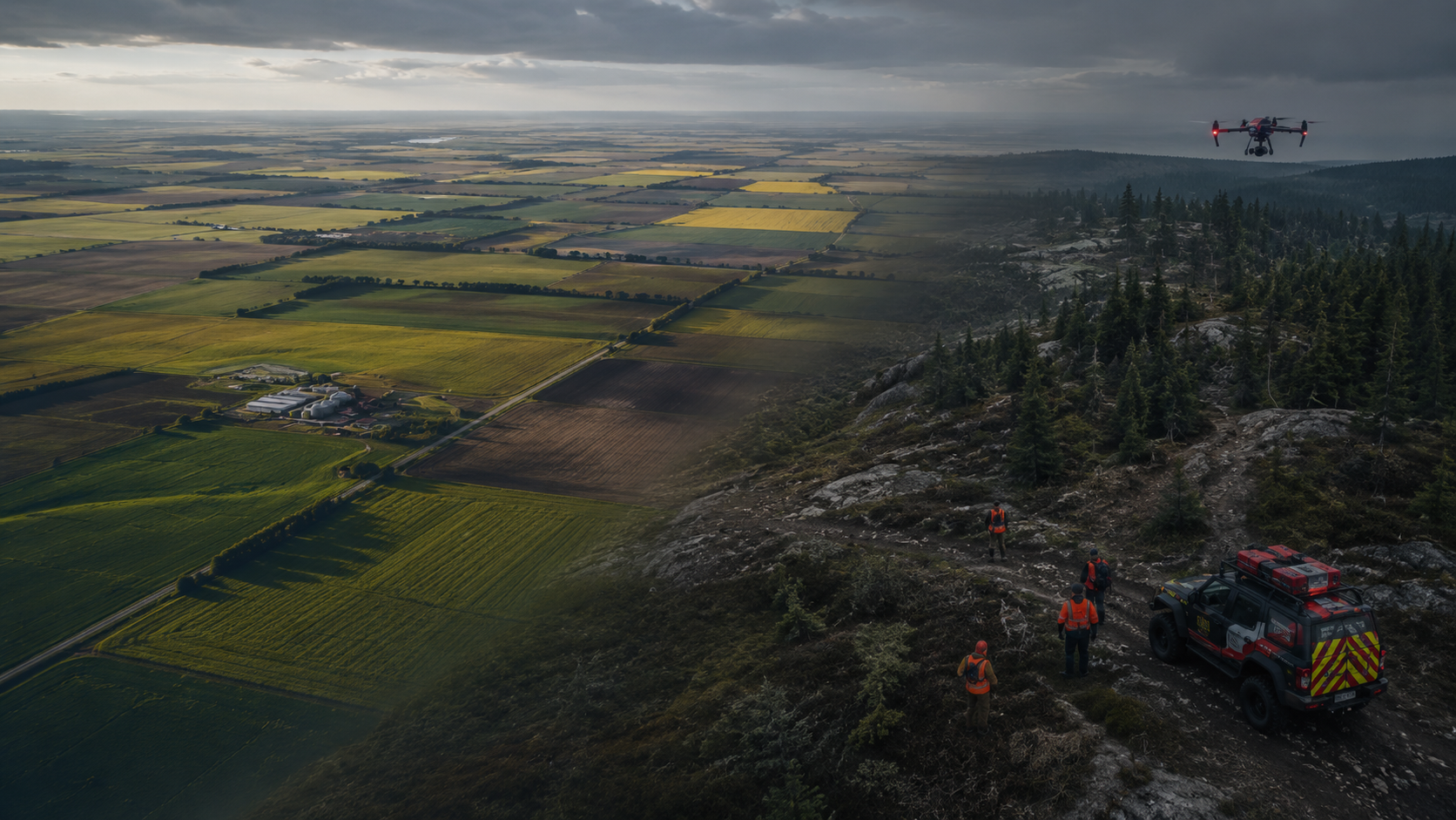 Aerial view of prairie farmland meeting rugged ridge terrain, with a drone overflying a ground rescue team